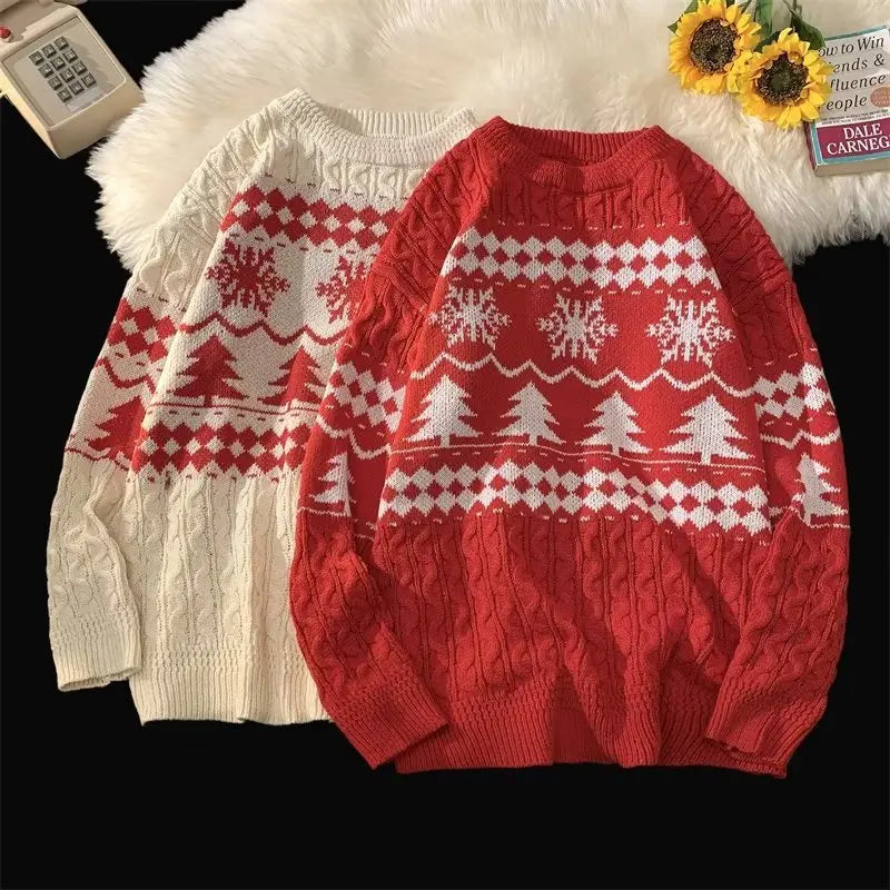 Japanese Retro Diamond-shaped Christmas Sweater Men and Women Couple Winter Pullover Knitted Sweater Top