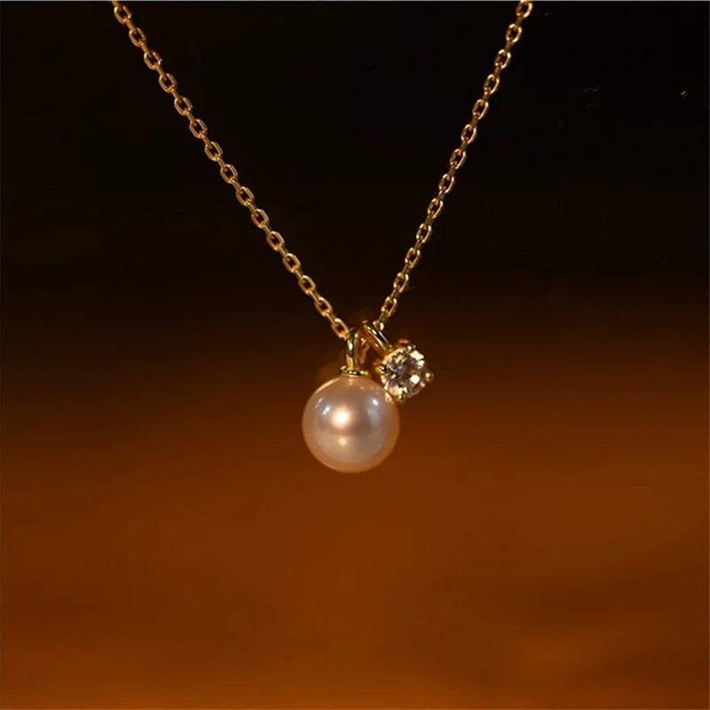 925 Sterling Silver Plating 14K Gold Shell Pearl Zircon Pendant Necklace for Women Simple French Wedding Jewelry Accessorie