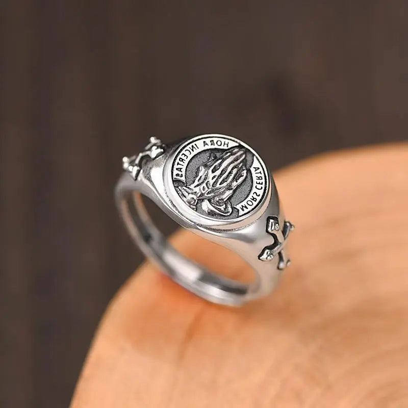 Retro Praying Hands Ring For Men Silver Color Street Punk Gothic Adjustable Ring Handmade Jewelry Biker Accessories Man Gift