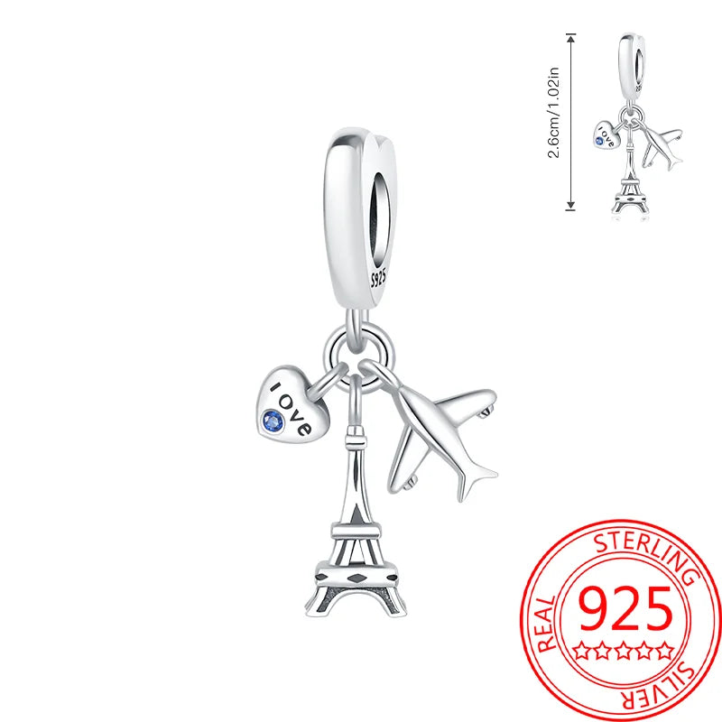 925 Sterling Silver Paris Tower Aircraft Travel Charm Pendant Beads Fit Charm Original Bracelet for Women Jewelry Making