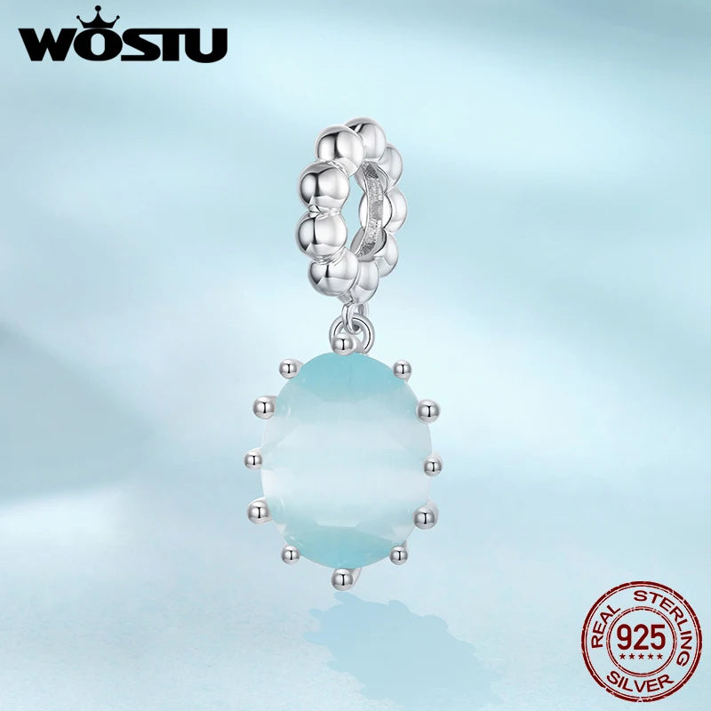 WOSTU 925 Sterling Silver Blue Crystal Sugar Pendant Charms For Bracelet Necklace Best Birthday Jewelry Gift Oval Cut Necklaces
