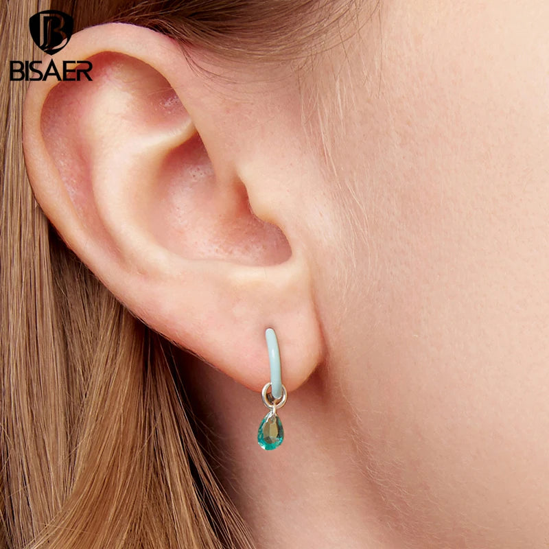 BISAER 925 Sterling Silver Summer Droplet Hoop Earrings Green Water Drop Ear Hooks for Women & Girls Party Fine Jewelry ECE1875