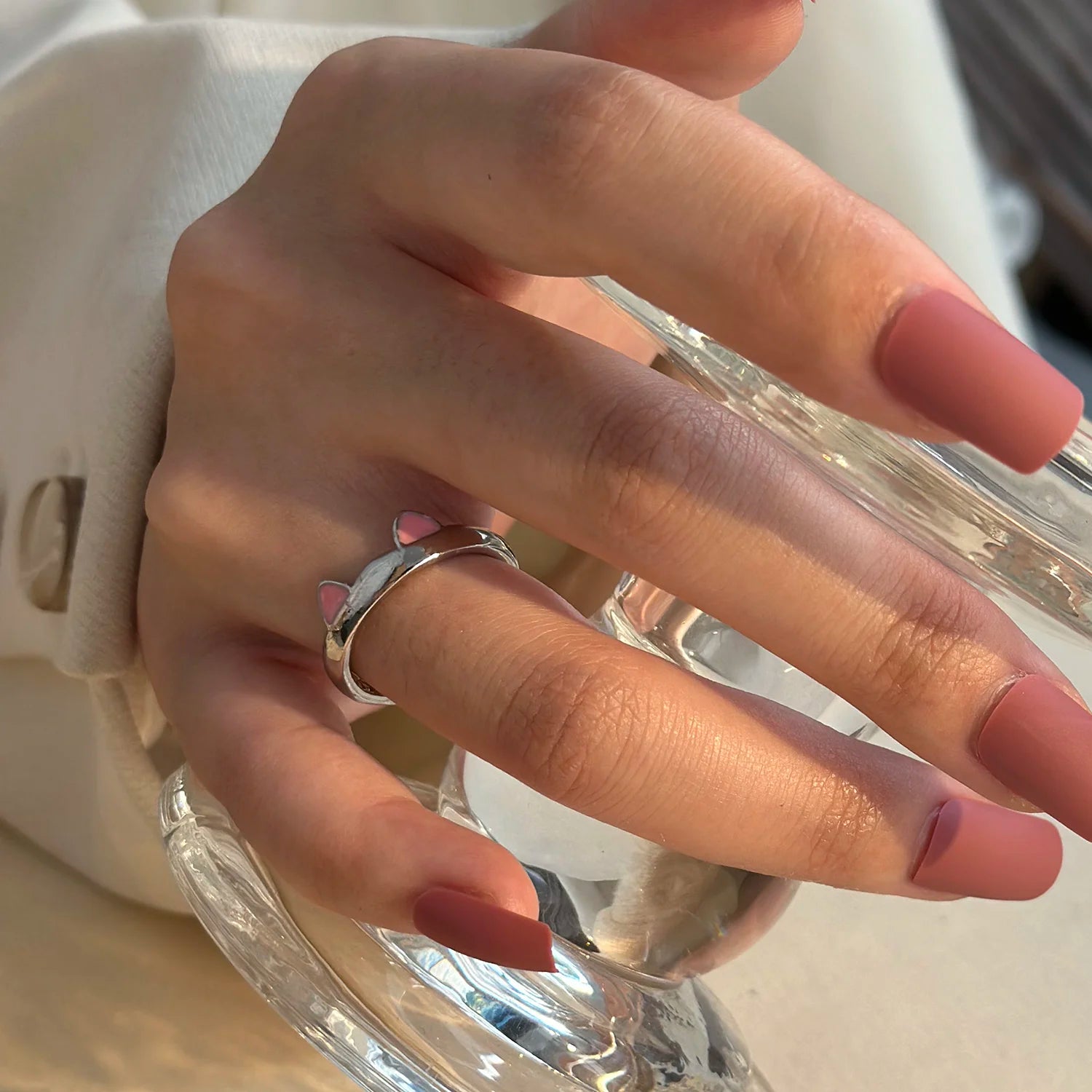 Pink Cute Cat Ear Ring For Women Cats Paw Embrace Tightly Opening Finger Rings Girl Ladies Party Birthday Jewelry Accessories