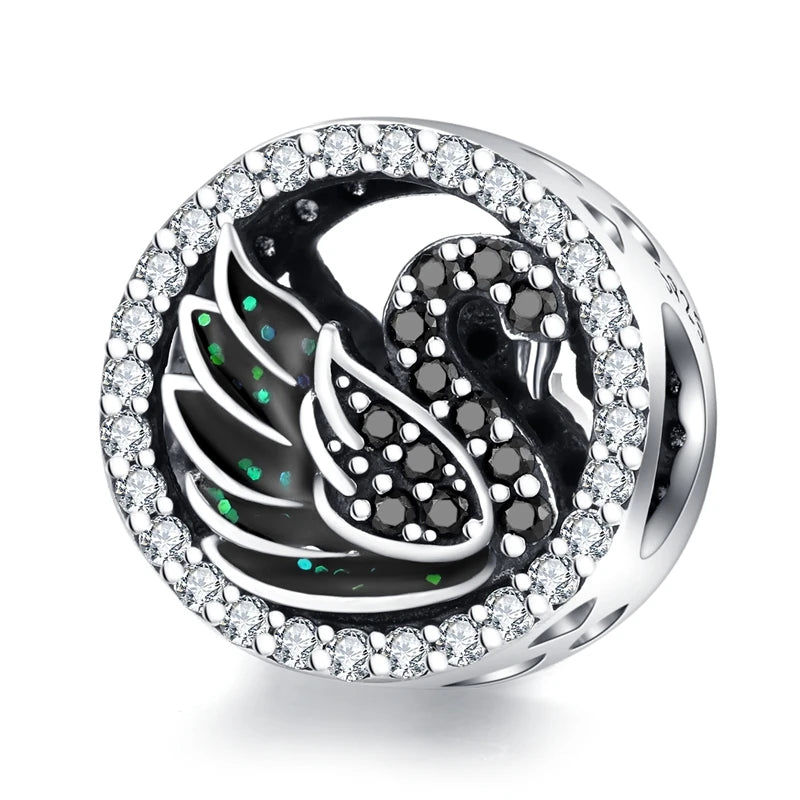 WOSTU 925 Sterling Silver Black Zircon Hollow Cross Charms Pendant Moon Swan Bead Fit Women Bracelet Necklace DIY Jewelry Making