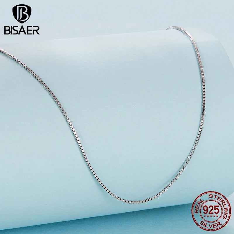 BISAER 925 Sterling Silver Box Basic Chain Necklace Lobster Clasp Optional 40 45 50cm Plated White Gold Women Men Party Jewelry
