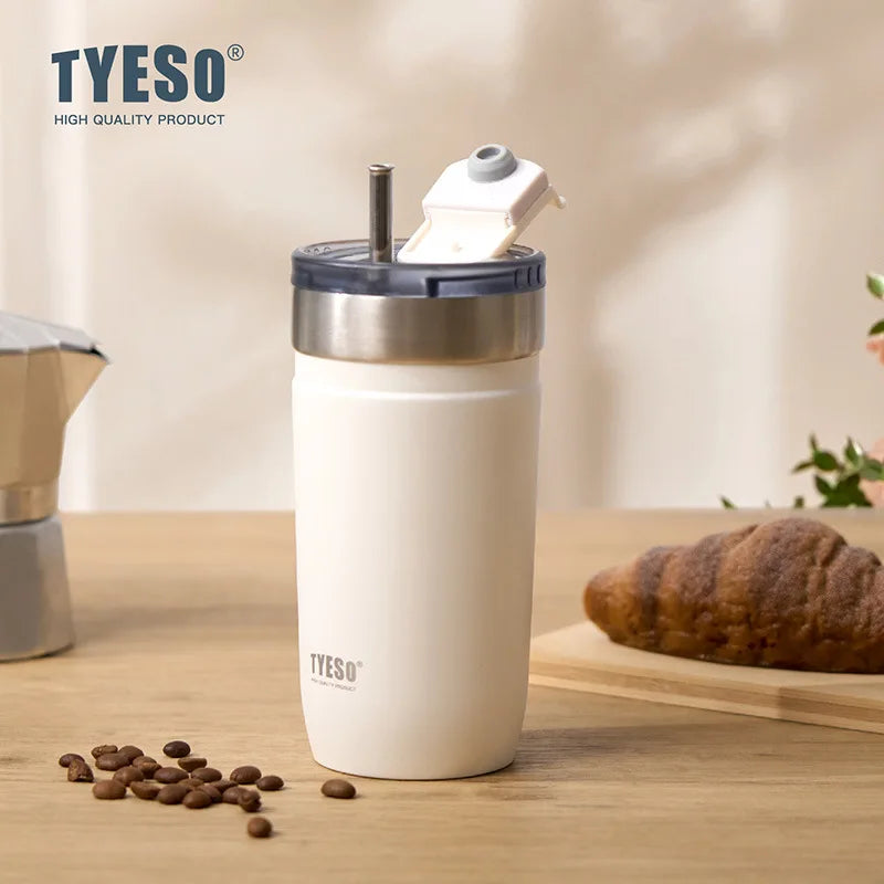 Tyeso Stainless Steel Tumbler with Straw Insulated Coffee Cup Leak-Proof Travel Mug Hot &Cold Thermos Bottle for Car Office Gym