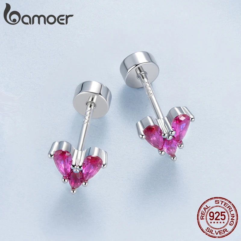 BAMOER 925 Sterling Silver Heart-Shape Stud Earrings Mini 3 Stones Arranged Shining CZ Earrings for Women Teens Girl Party Gift