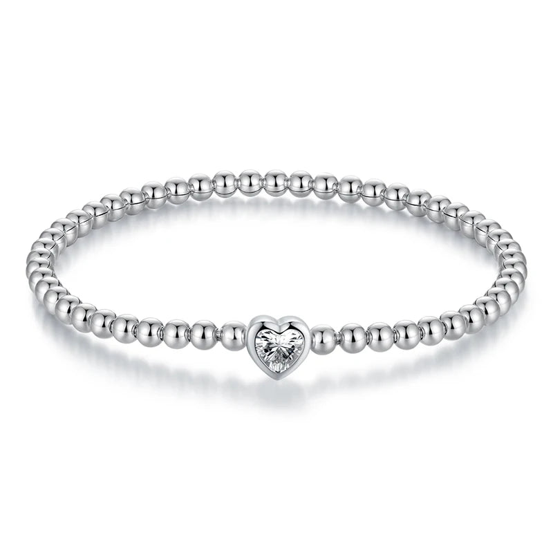 WOSTU 925 Silver Bead Bracelet with 7mm Heart Round CZ,  Adjustable Spring bangle Bracelet to 16-19cm Valentines Day Jewelry