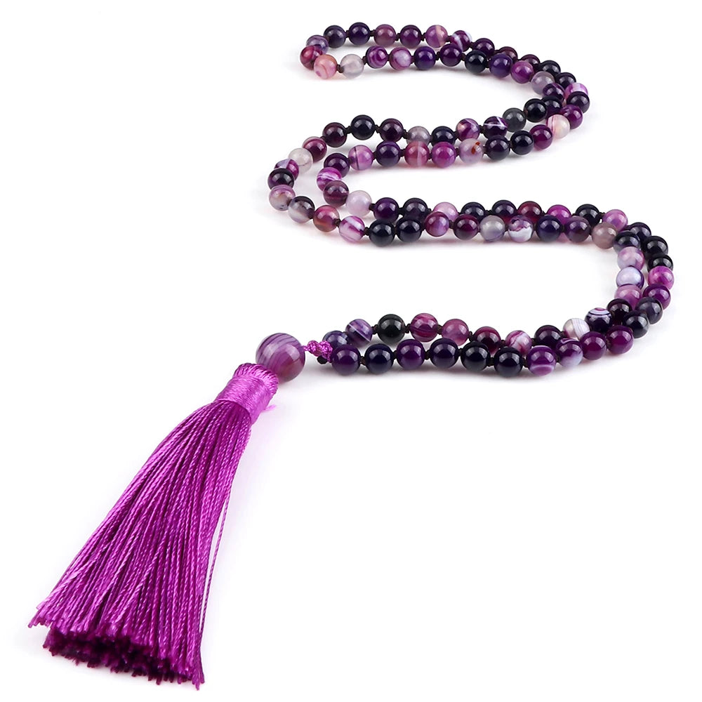 108 Beads Prayer Necklace Natural Green Stripe Onyx Stone Buddhist Buddha Meditation Bead Mala Necklace Women Men Jewelry Gifts