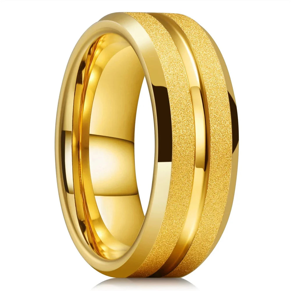 Trendy 8mm Men Frosted Stainless Steel Rings Silver Color Brushed Groove Beveled Edge Engagement Rings For Men Wedding Jewelry