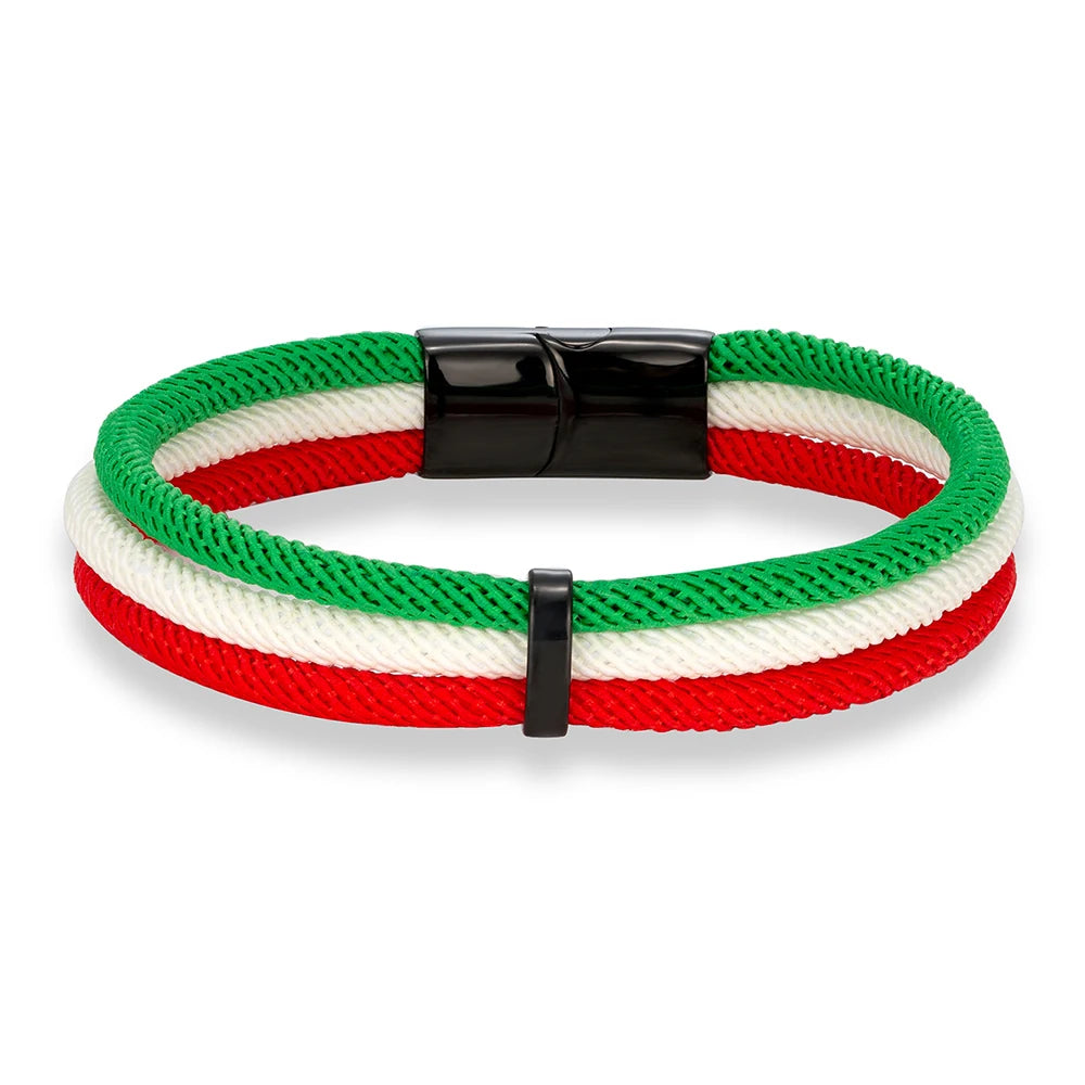 MKENDN Schwarzes Edelstahl-Armband mit Magnetverschluss, mehrlagiges Seil, handgefertigtes Design, Herren- und Damenschmuck mit Flaggen aus Frankreich, Brasilien und Spanien