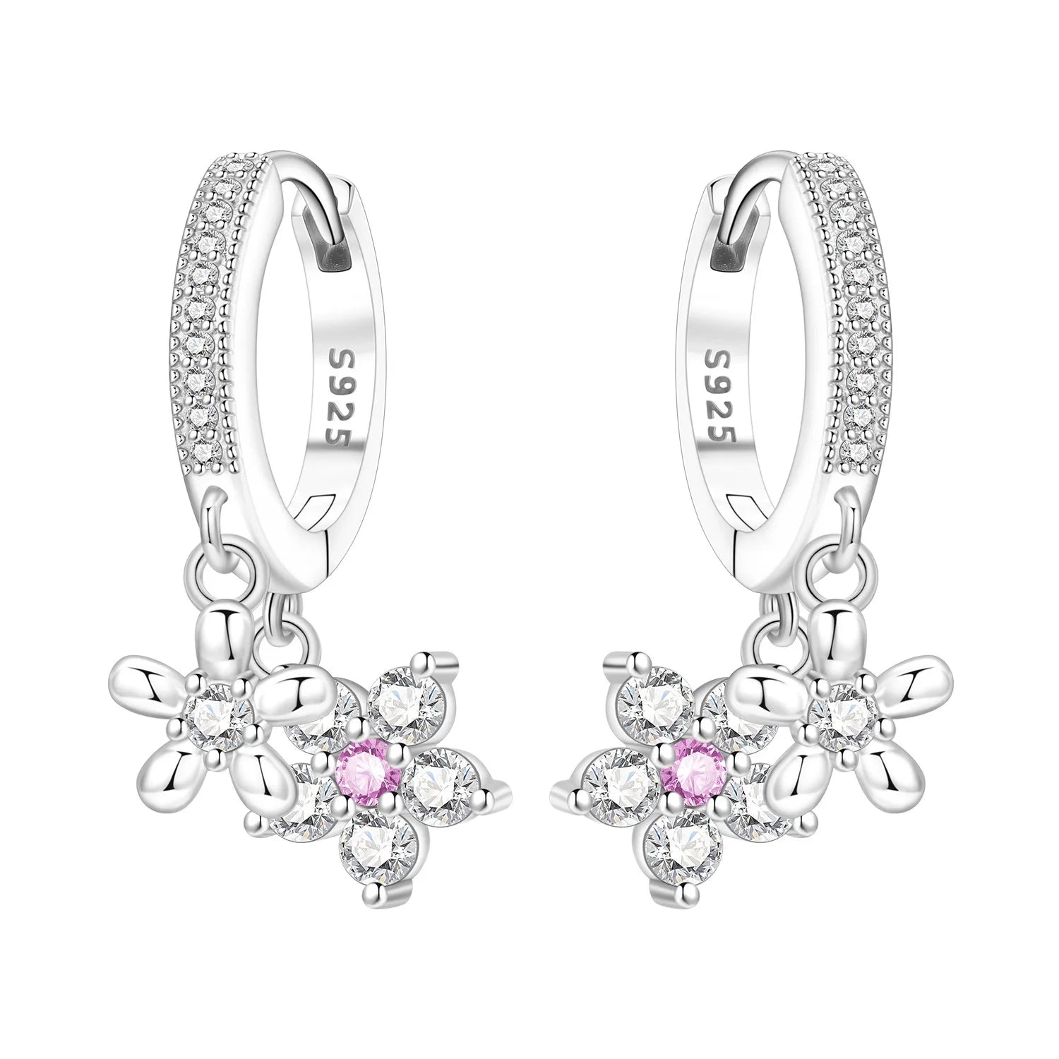 PANPOKI 925 Sterling Silver Pink Zircon Flower Drop Earrings Women Earrings Charm Fashion Versatile Party Jewelry Gifts