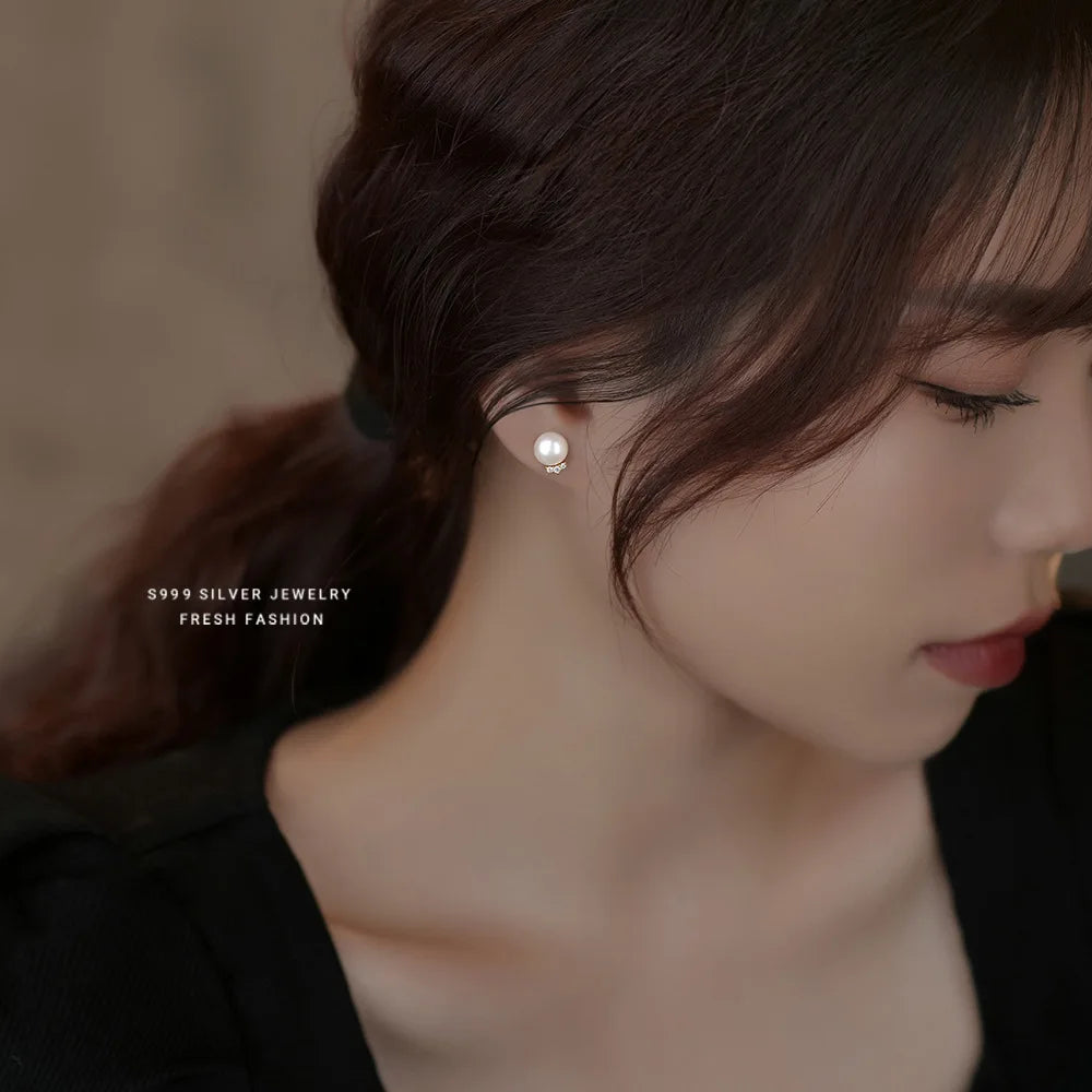 999 Sterling Silver Inlay Zircon Natural Pearl Stud Earrings for Women French Light Luxury Party Jewelry