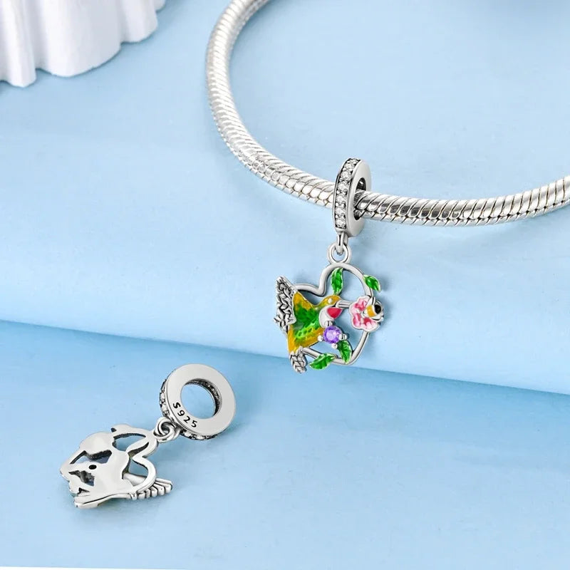 Real S925 Sterling Silver Colorful Hummingbird Flowers Charms Spring Series Beads Fit Original Bracelets DIY Jewelry for Women