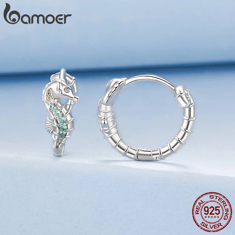 BAMOER Niedliche Seepferdchen-Ohrringe aus 925er Sterlingsilber, kleine runde Creolen für Damen BBSE1176