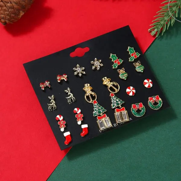 24pcs Christmas Combination Earrings Set for Women Small Shiny Zircon Xmas Tree Santa Claus Snowflake Earring Party Jewelry Gift