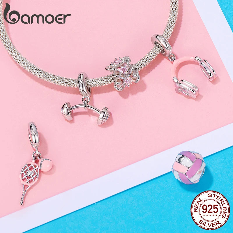 BAMOER 925 Sterling Silver Headphone Tennis Barbell Charm Pendant fit Original Bracelet DIY Jewelry Accessories bamoer Beads