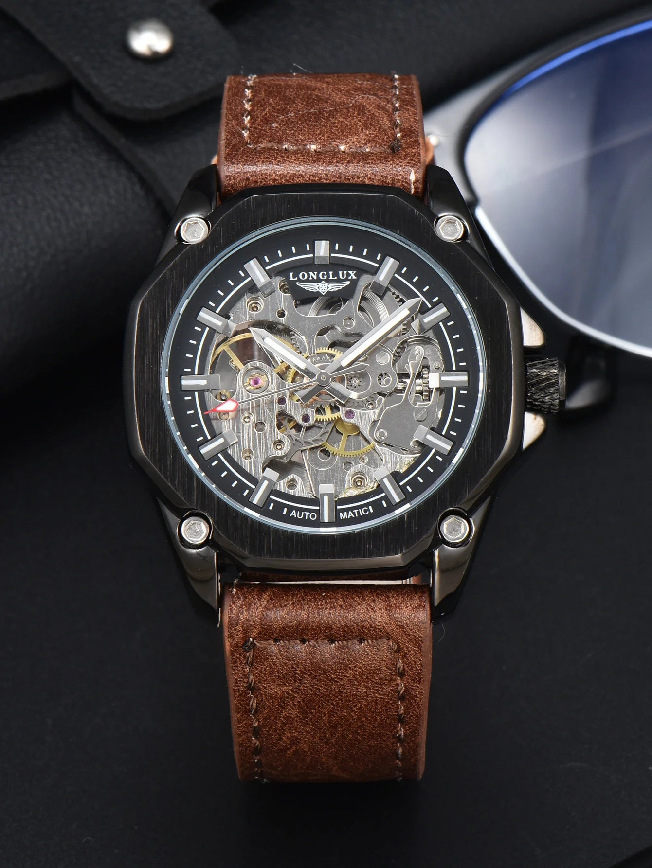 LONGLUX automatic watch sport style wholesale mechanical wristwatches fashion hollow leather mens watch men gift - Madeinsea©