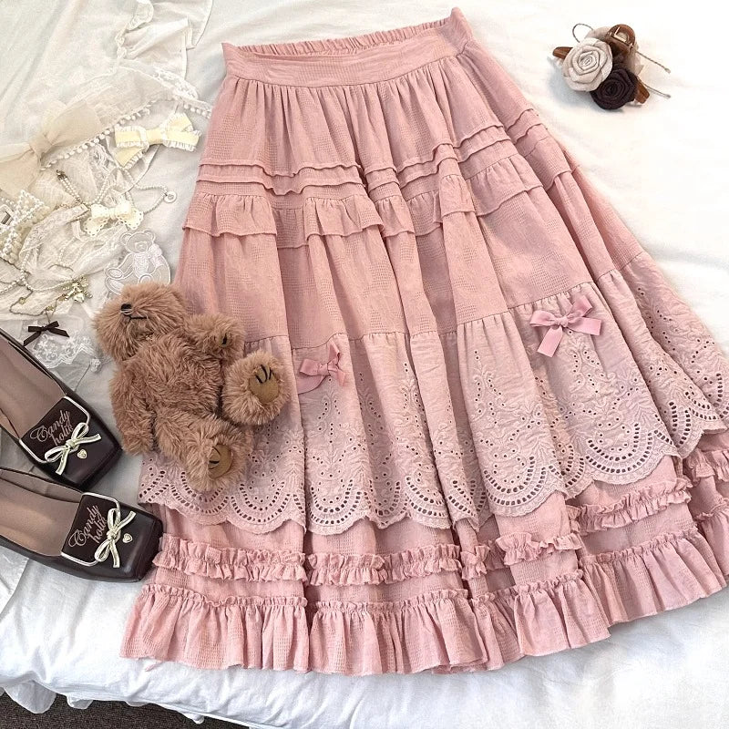 Mori Girl Style Lolita Midi Skirt Women Vintage Embroidery Lace Floral Bow Ruffles Long Skirts Female Prairie Chic Party Skirt - Madeinsea©