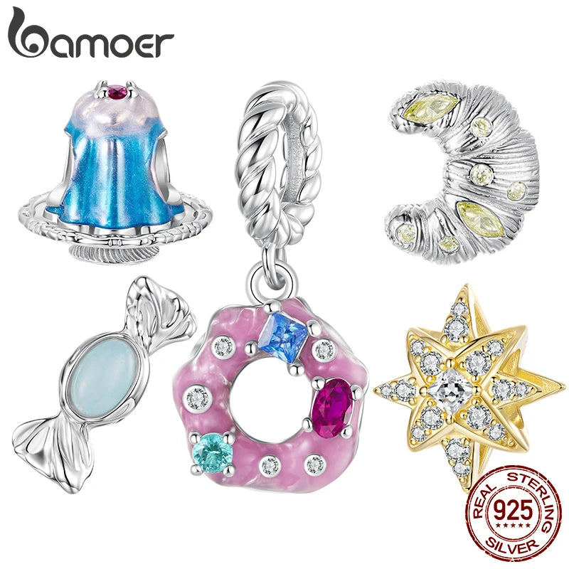 Bamoer Anhänger aus 925 Sterlingsilber in Form eines rosa Donuts, bunte Lebensmittel-Charms, Süßigkeitenperlen für Damen und Teenager, süße Armband-Schmuckaccessoires