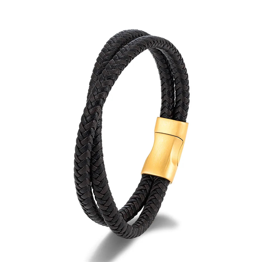 MKENDN Simple Style Men Braided Blue Brown and Black Leather Bracelet Matte Black Stainless Steel Button Accessories Jewelry