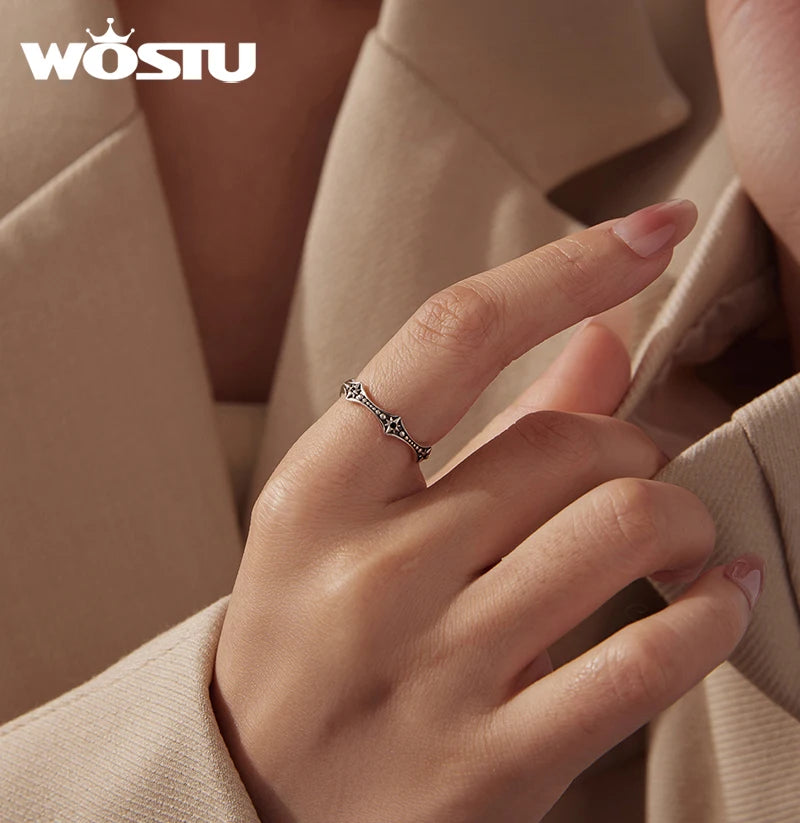 WOSTU 925 Sterling Silver Vintage Start Beaded Ring With Black Zircon, Black Unique Gothic Wavy Rings Jewelry Punk Gift