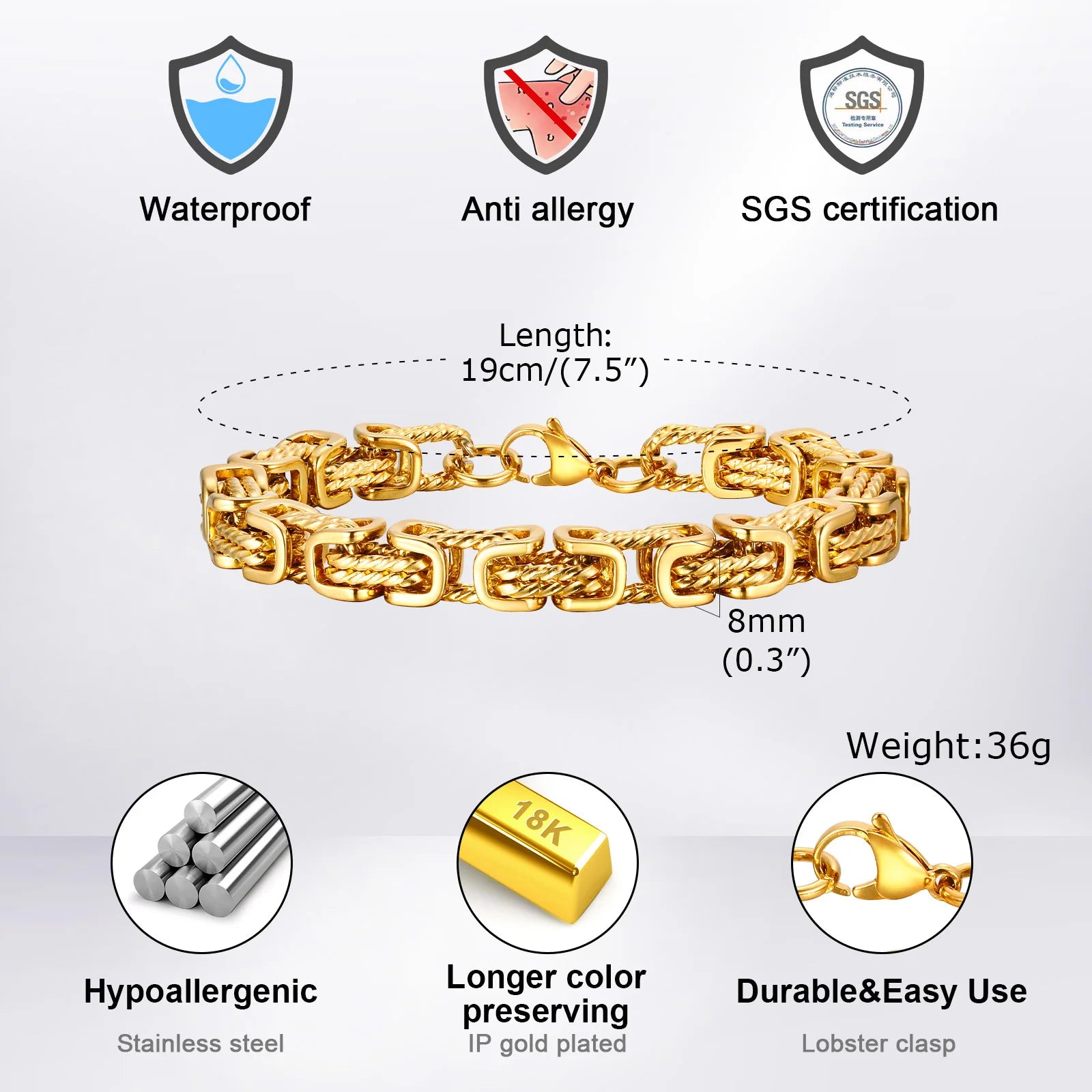 Klobige byzantinische Armbänder für Herren, Retro-Grau, 8 mm geflochtenes Gliederarmband aus Edelstahl, Vintage-Schmuck, Geschenk für ihn, Jungen