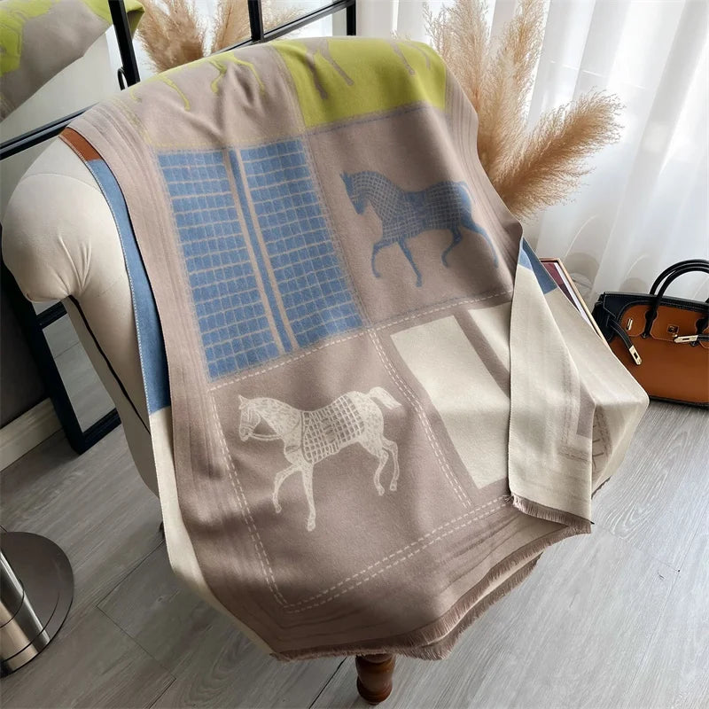 New Hot Winter Scarf Women Soft Cashmere Warm Pashmina Plaid Horse Print Scarves Wraps Thick Shawl Bufandas Tassel Stoles Hijabs