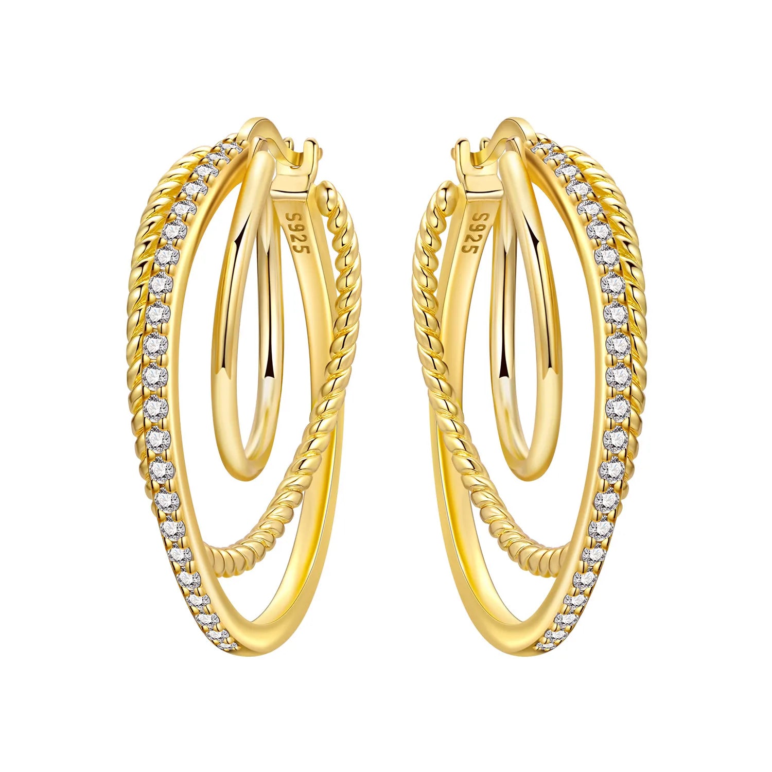 PANPOKI S925 Sterling Silver 18k Gold French 3-Ring Earrings Hoop Earrings For Women Jewelry Original Trendy Anniversary Gifts