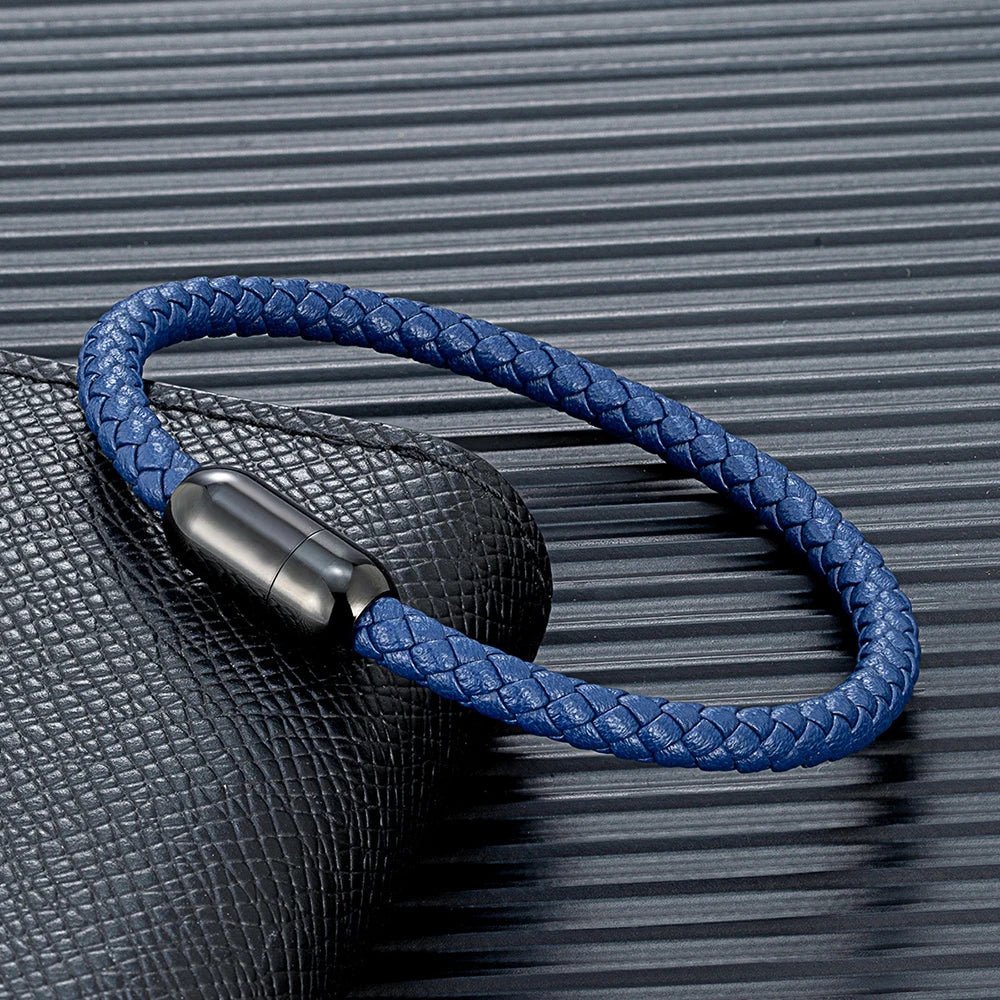 MKENDN Classic Men Leather Bracelet Woven Braided Leather Bracelets For Women Black Stainless Steel Jewelry Charm bangle