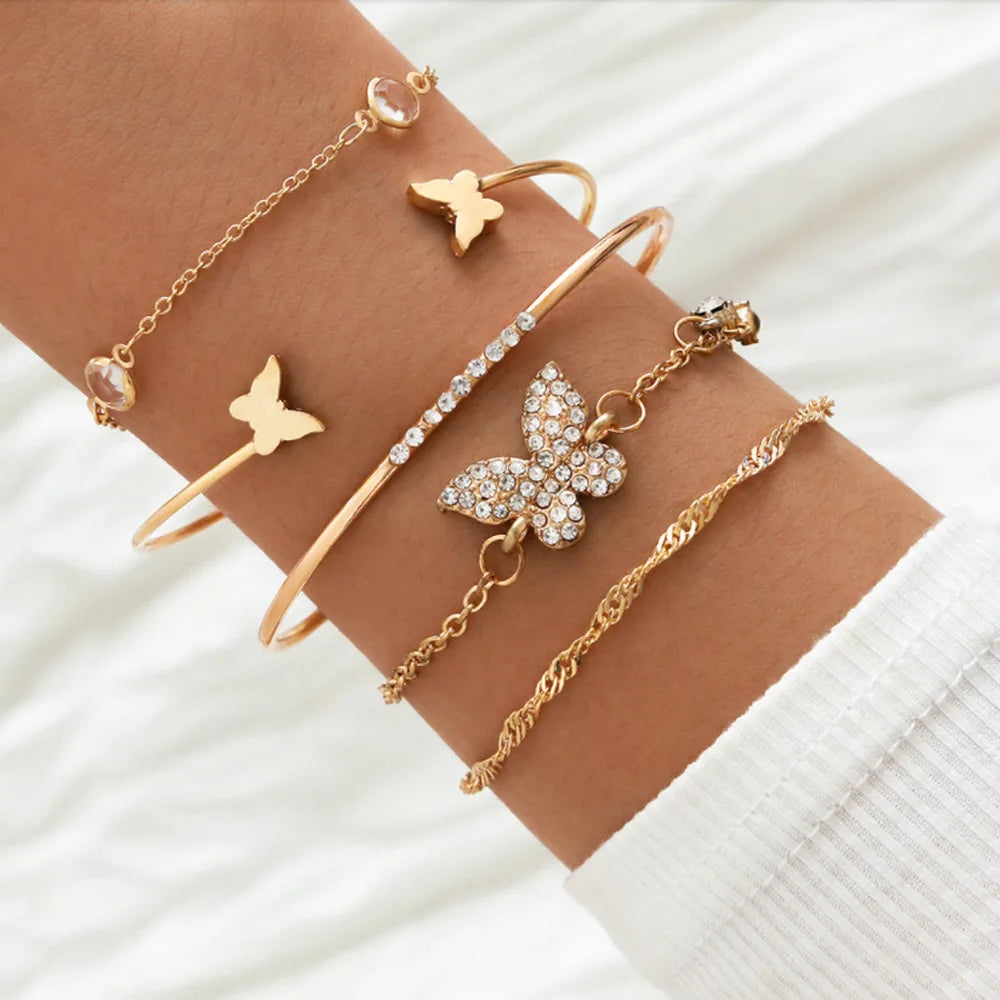 Trendy Geometric Link Chain Bracelet Set For Women Rhinestones Gold Color Leaves Heart Pendant Open Cuff Bangle Girls Jewelry - Madeinsea©