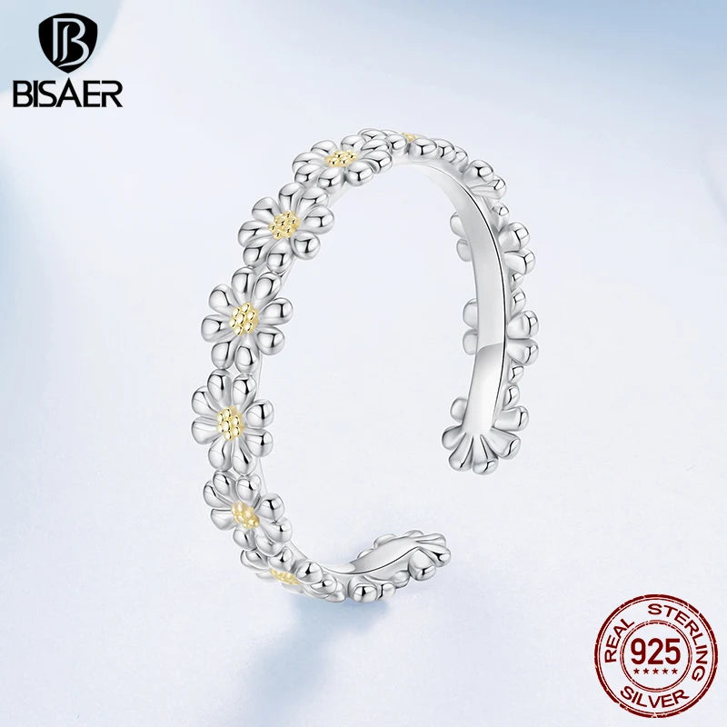 BISAER 925 Sterling Silver Daisy Open Ring Fresh Flower Statement Band Adjustable Plated White Gold for Women Party Fine Jewelry