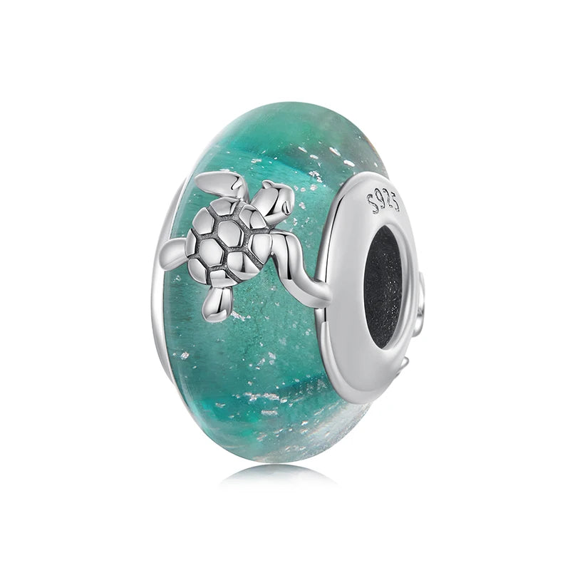WOSTU 925 Sterling Silver Colorful Ocean Starfish Round Heart Charm Butterfly Murano Glass Bead Fit Original Bracelet DIY Gift