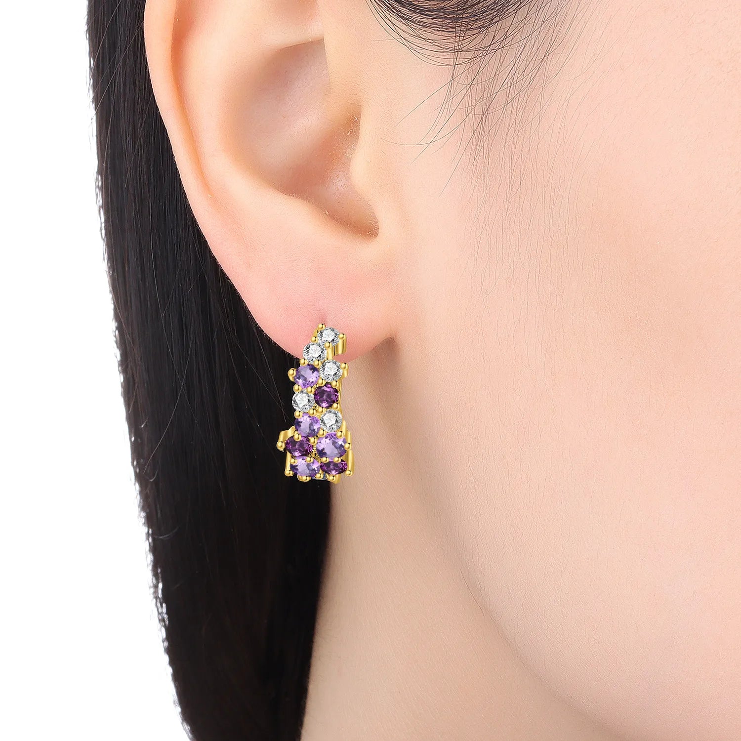 PANPOKI S925 Sterling Silver Purple Gradient Zircon Design Earrings Versatile Hoop Earrings For Women Jewelry Trendy Party Gift