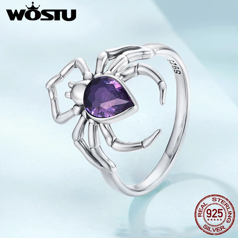 WOSTU Real 925 Sterling Silver Purple Spider Statement Ring For Women , Big CZ Vintage Punk Animal Rings Halloween Gift CQR1158