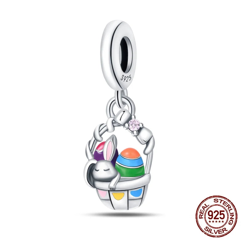 Fit Original 925 Sterling Silver Charms Beads Luminous Easter Egg Pink Baskets Charms for Women Fine DIY Birthday Jewelry Gifts