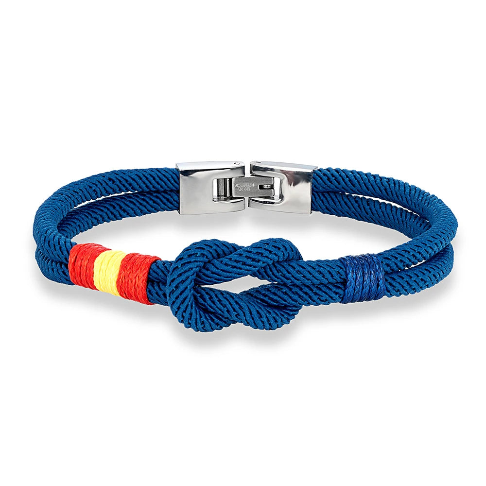 MKENDN Fashion Men Women Spain Flag Double Strand Nautical Rope Bracelet Stainless Steel Buckle Lucky Patriotic Couple Gifts