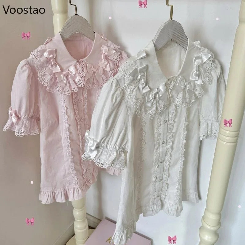 Japanese Sweet Lolita Style Shirts Women Kawaii Peter Pan Collar Bow Lace Ruffles Short Puff Sleeve Blouses Blusas Mujer Tops