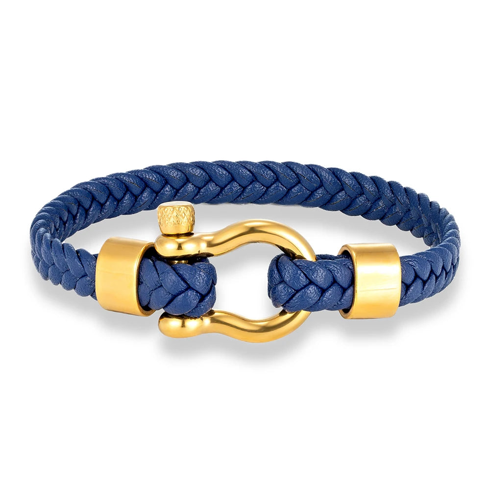 MKENDN Gold Color Stainless Steel Shackle Bracelet Simple Lucky Red Braided Leather Bracelets for Men Women Handmade Jewelry