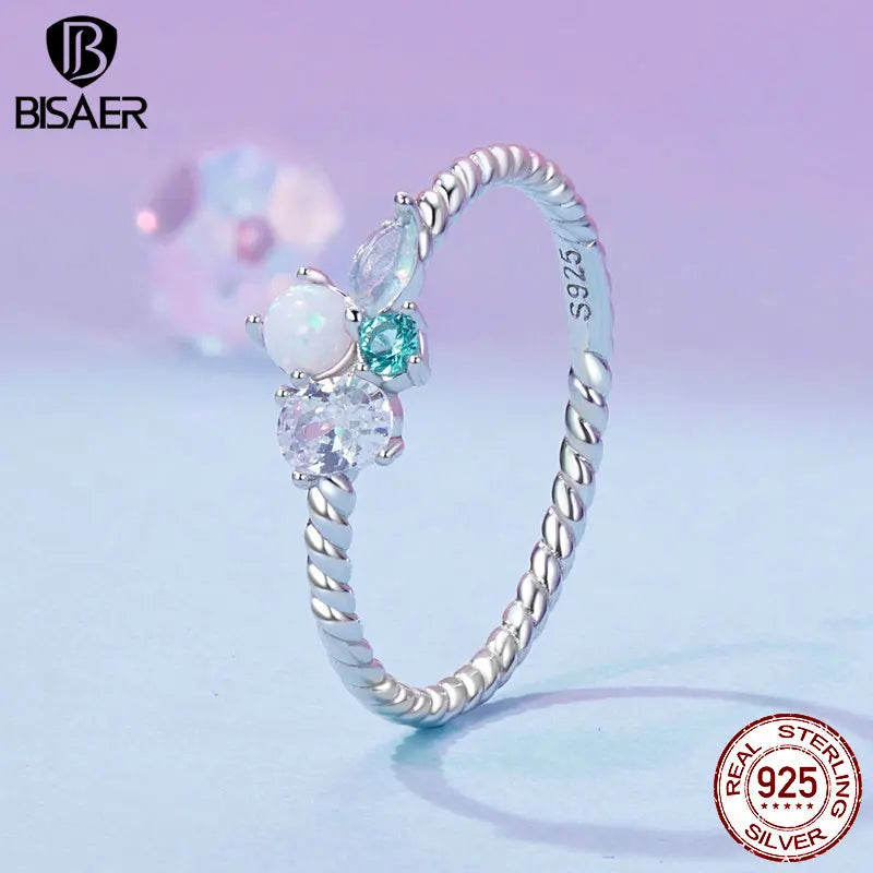 BISAER 925 Sterling Silber Exquisiter Opalring Funkelnde Zirkonia Ohrstecker Vergoldet Weißgold für Damen Party Edles Schmuckset