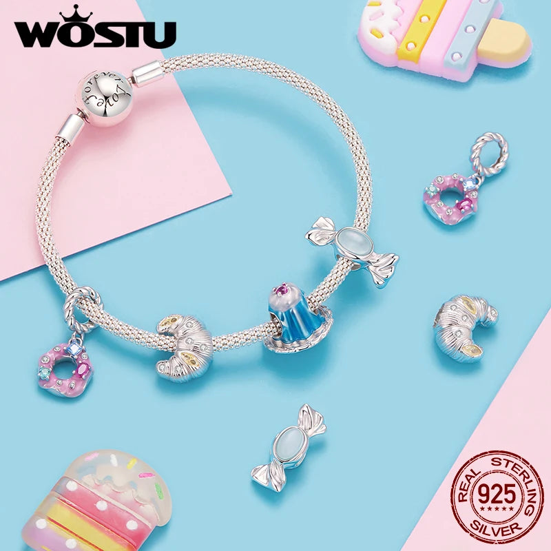 WOSTU Dessert Series 925 Sterling Silver Donut Pendant Croissant Charm Pudding Sweet Candy Bead For Bracelet Girl Jewelry Making