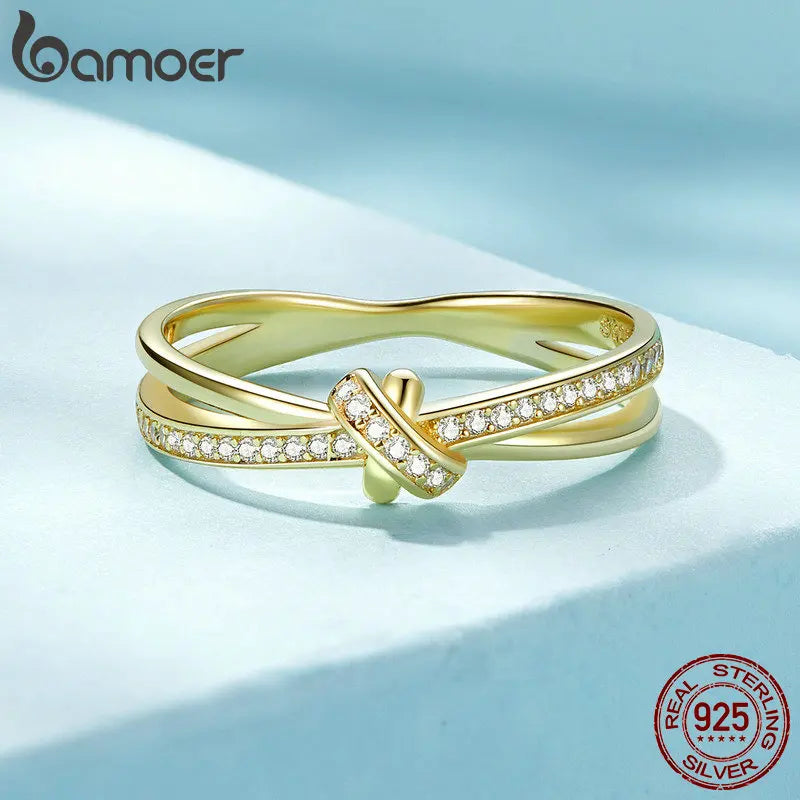 BAMOER 925 Sterling Silver Double Layer Knot Finger Ring Stackable Rings for Women Original Design Fine Jewelry SCR896 2 Colors