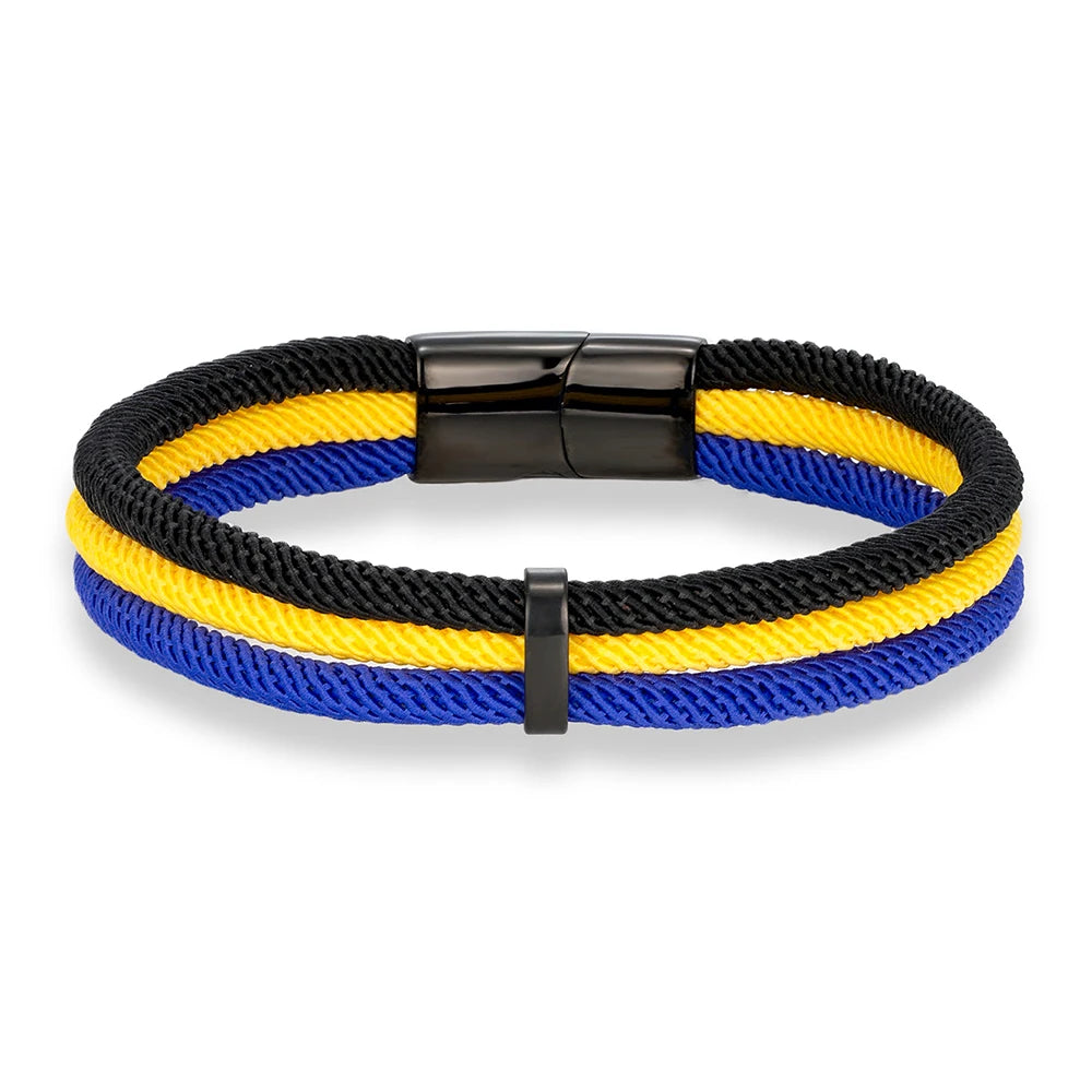 MKENDN Schwarzes Edelstahl-Armband mit Magnetverschluss, mehrlagiges Seil, handgefertigtes Design, Herren- und Damenschmuck mit Flaggen aus Frankreich, Brasilien und Spanien