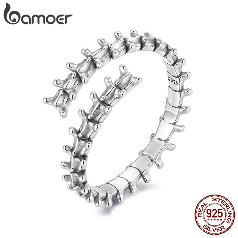 Bamoer 925 Sterling Silver Bold Spine Open Ring Adjustable Vintage Ring for Punk Women Dark Aesthetics Halloween Jewelry Gift