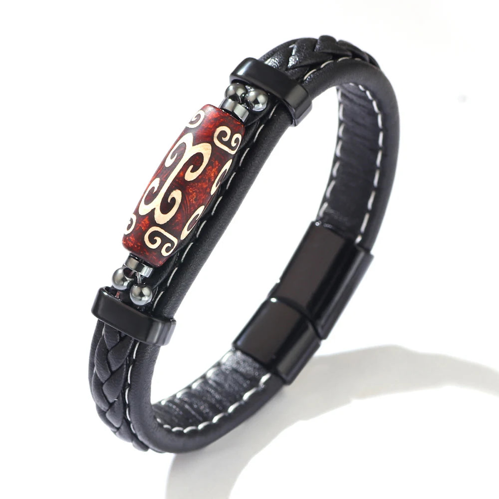 MKENDN Charm Herrenarmband, tibetischer Buddhismus, neunäugiges Dzi-Perlenarmband, Lederarmband, Edelstahl-Accessoires, Glücksarmband