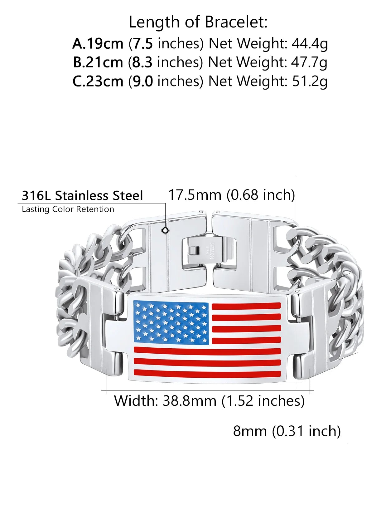ChainsPro Stainless Steel 17.5mm Wide USA Flag Bracelet Bangle for Man Double Curb Chain 4th of July Independence Day 19 21 23cm