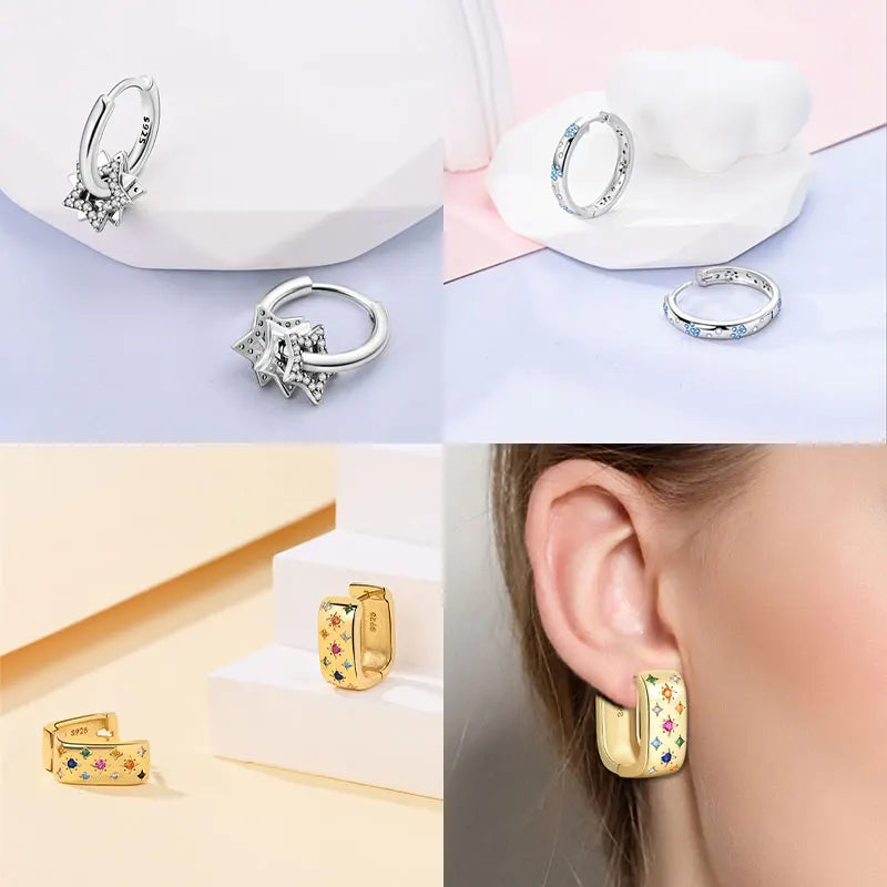 Ear Ring Series 925 Sterling Silver Star Moon Unicorn Tulip Flower Butterfly Bee Geometry Earrings Ladies Pairing with Jewelry
