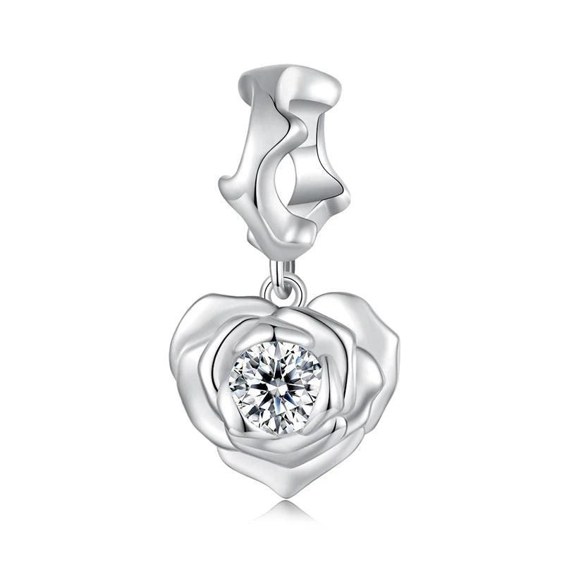 BAMOER Solid 925 Sterling Silver Rose Heart Charm Pendant fit Original Bracelet DIY Jewelry Accessories bamoer Flower Beads
