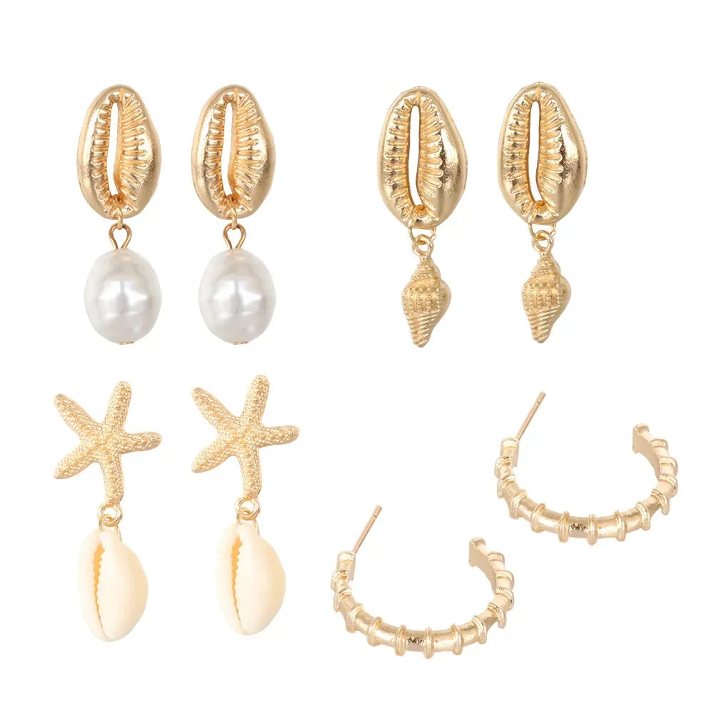 4PCS/set Bohemia Shell Starfish Dangle Earring Set for Women Summer Beach Pearl Conch Drop Geometric Earring Girl Jewelry Gift