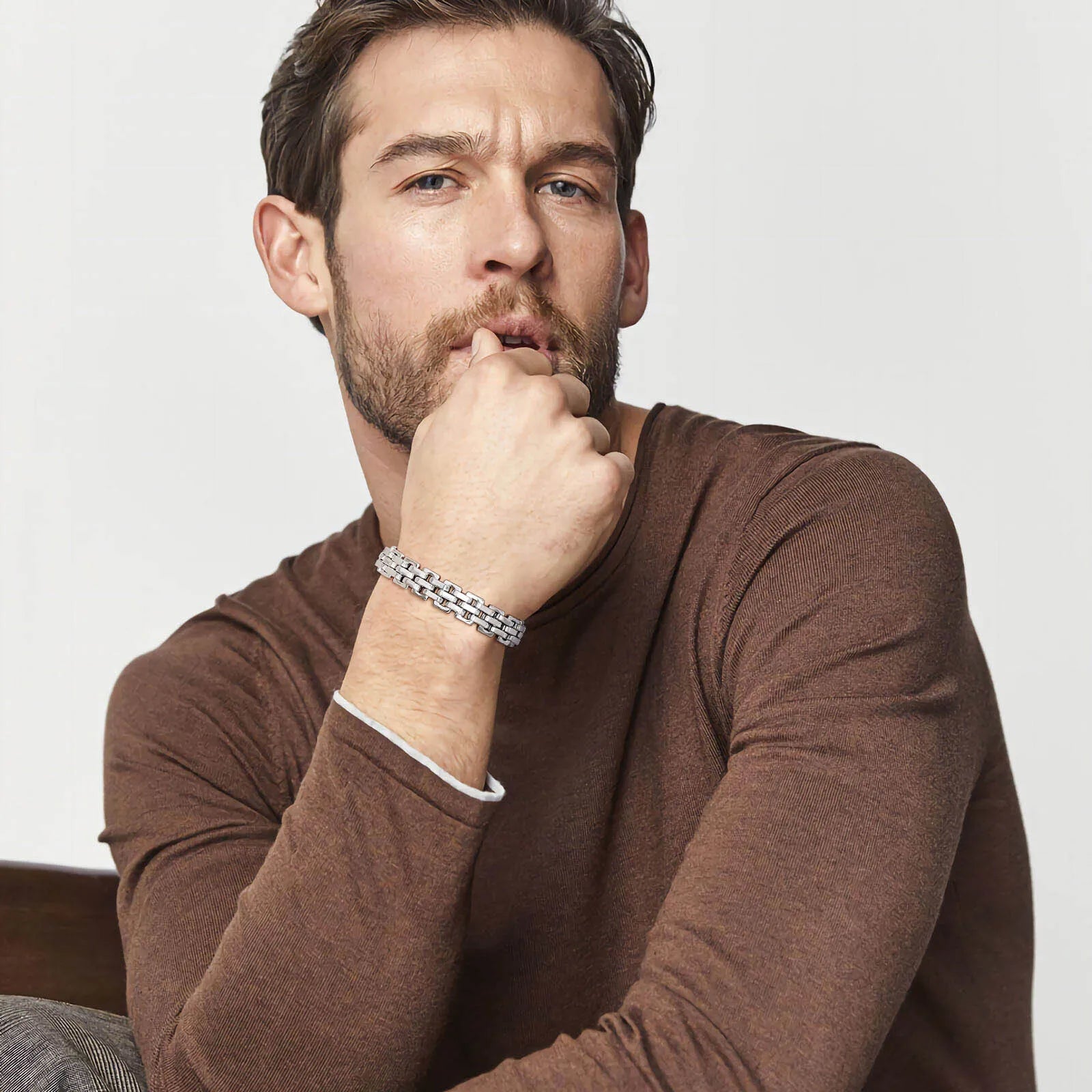 Vnox 11mm Watchband Shaped Chain Bracelet for Men Teens Boys,Strap Chain Bracelets, Black Silver Color Stainless Steel Wristband